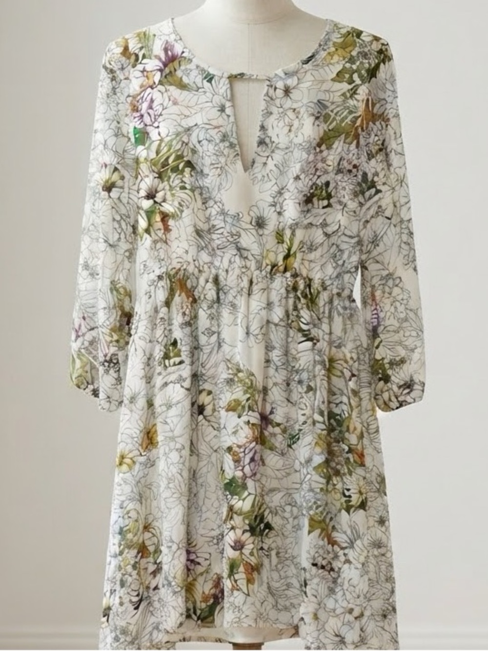 Zara| Feminine Ivory Floral Nature Print Long Sleeve Layered Chiffon Dress Sz M
